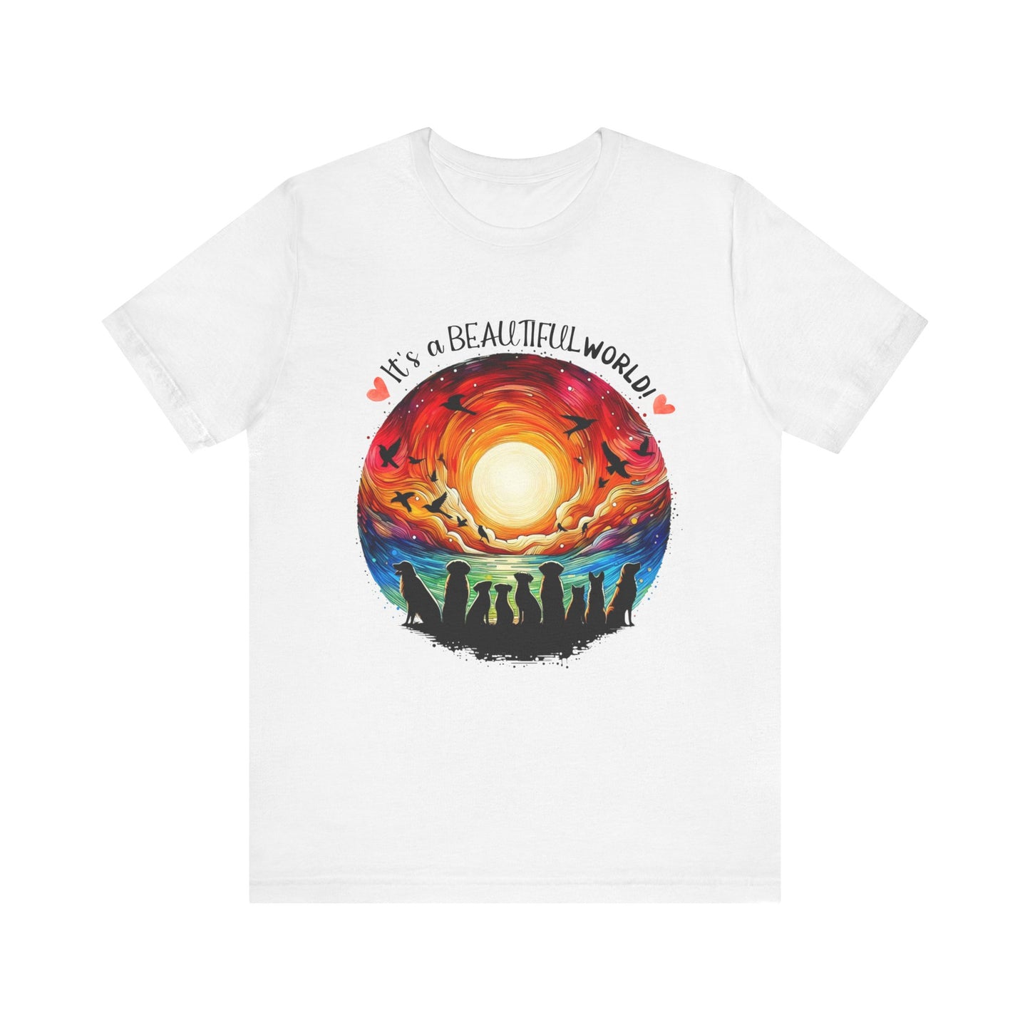 "It's a Beautiful World – Vibrant Dog Silhouette Sunrise Design"