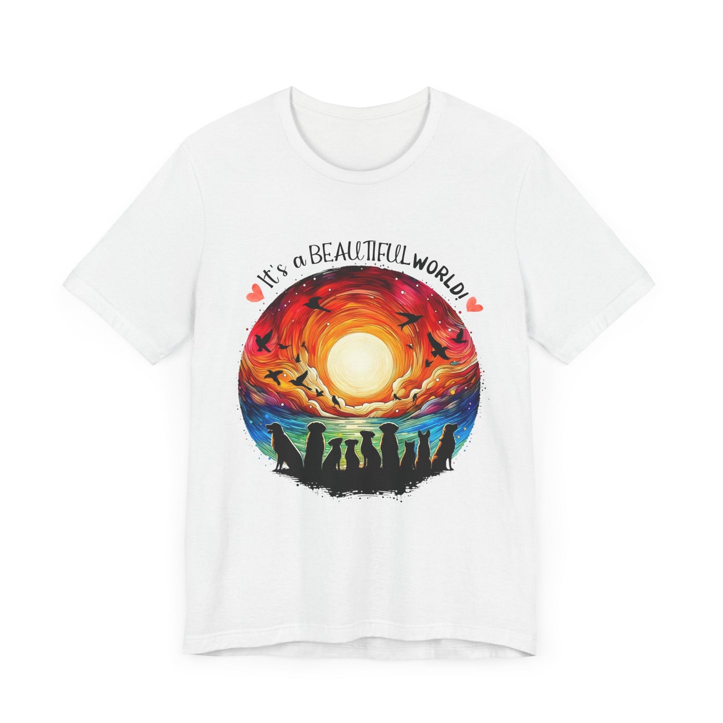 "It's a Beautiful World – Vibrant Dog Silhouette Sunrise Design"