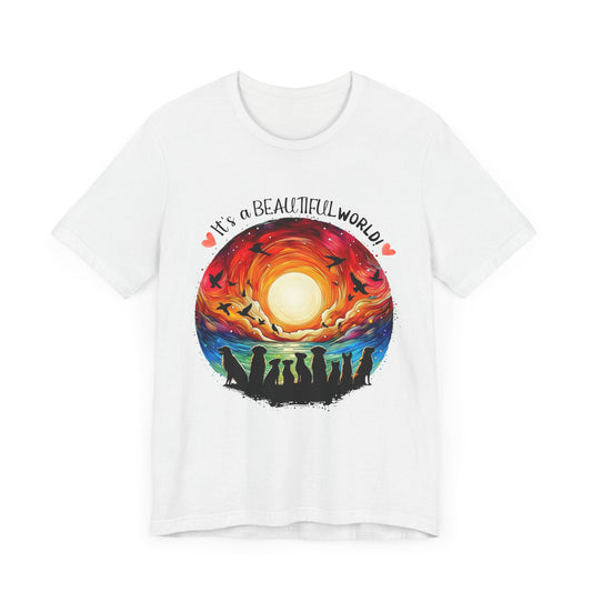 "It's a Beautiful World – Vibrant Dog Silhouette Sunrise Design"