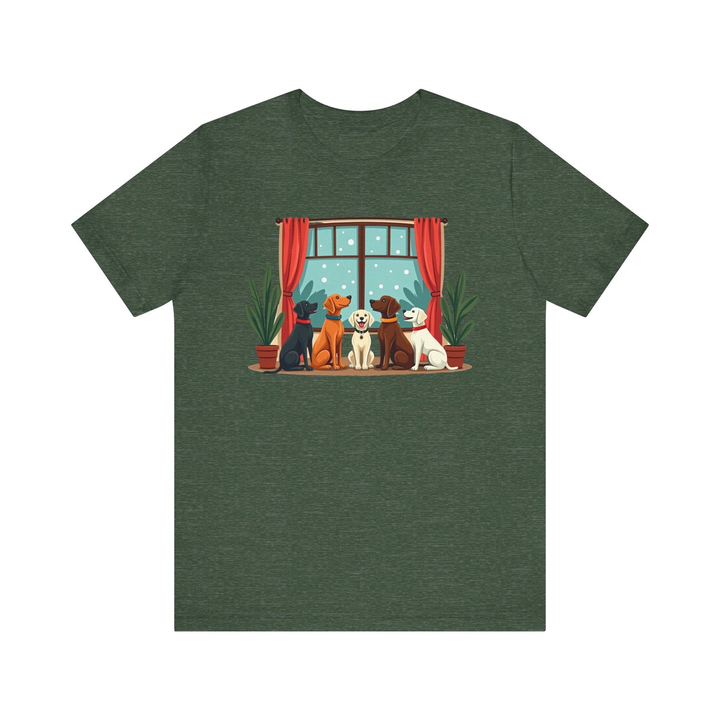 "Cozy Dog Pack by the Window – Charming Winter Dog Lover Design"