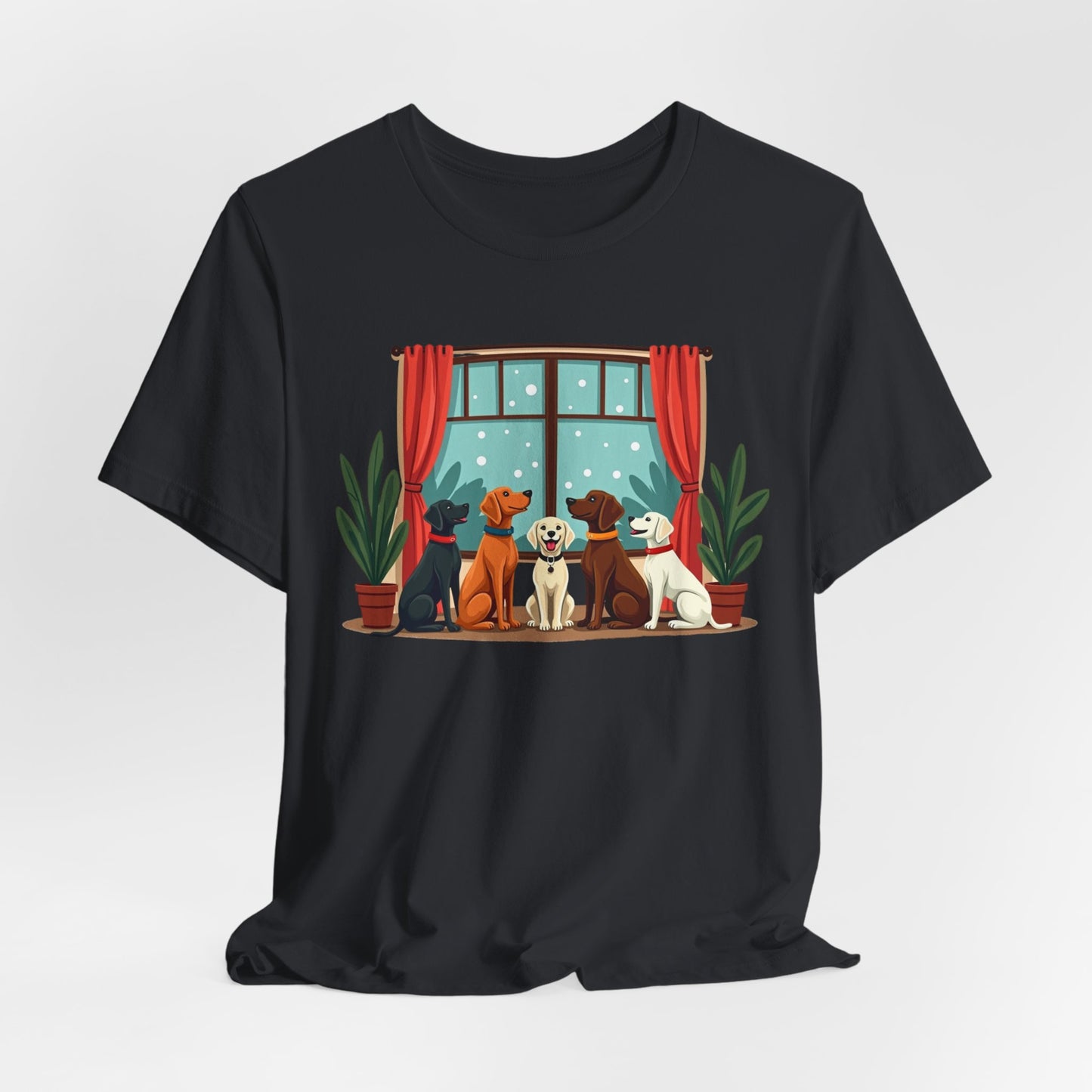 "Cozy Dog Pack by the Window – Charming Winter Dog Lover Design"