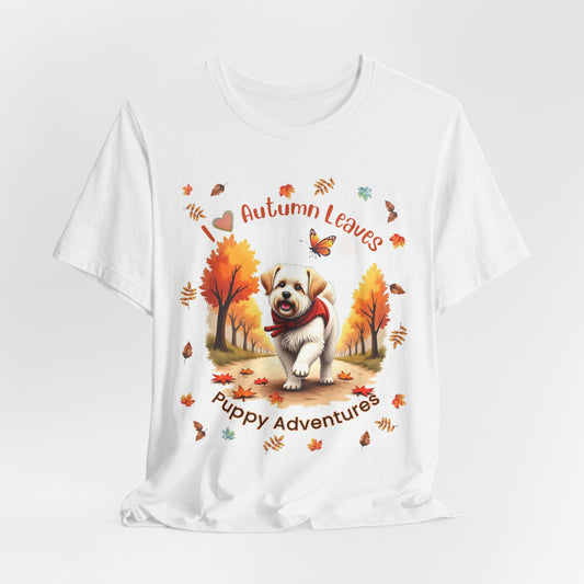 Dog Fall Tee - Cute Unisex Shirt with Small White Dog on Leaf - Fall Colors