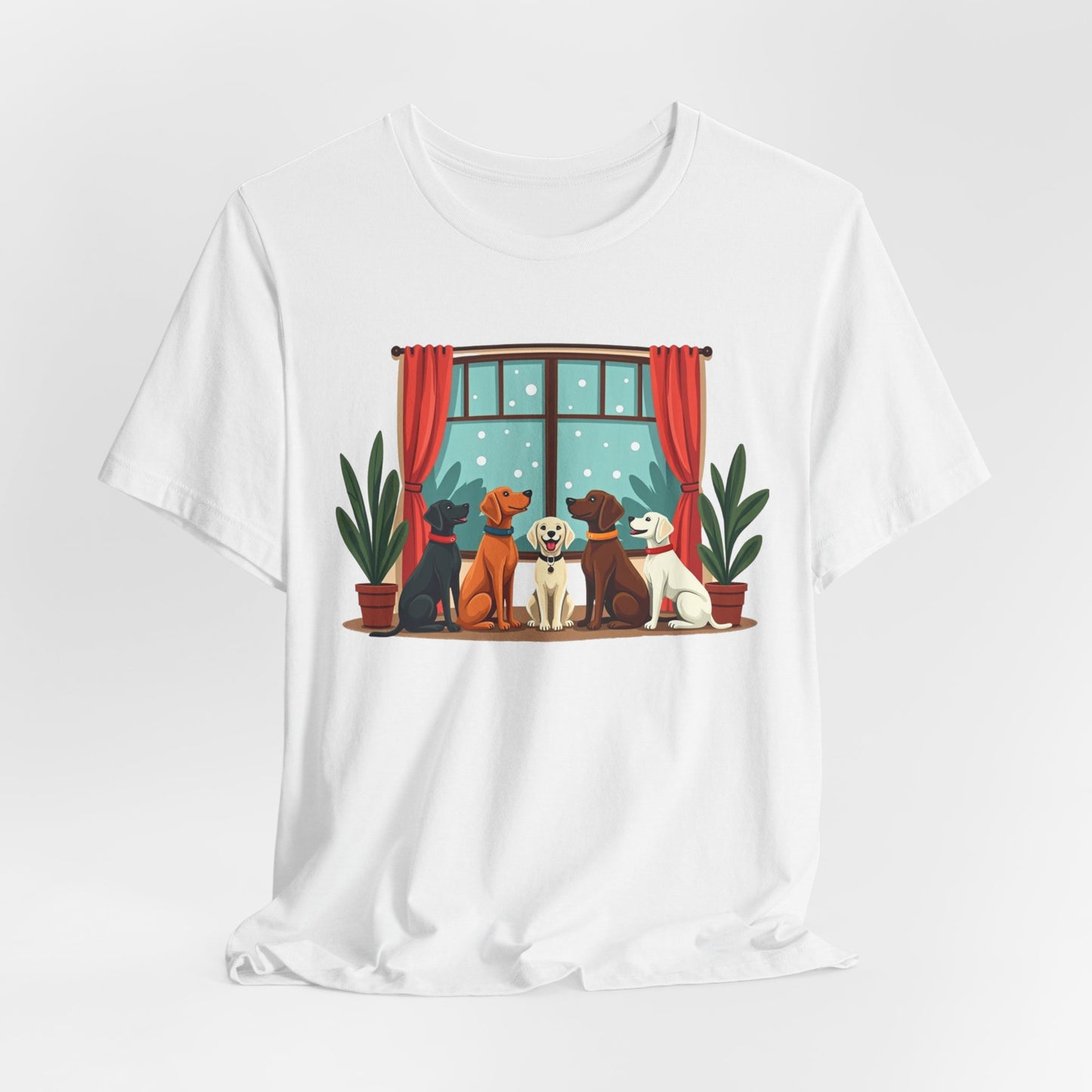 "Cozy Dog Pack by the Window – Charming Winter Dog Lover Design"