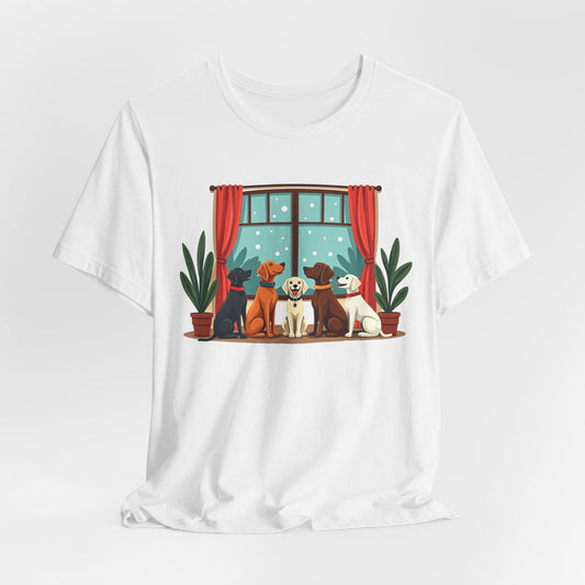 "Cozy Dog Pack by the Window – Charming Winter Dog Lover Design"